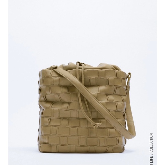 Zara Handbags - Rare! Zara Taupe grey Woven Leather Bucket Purse